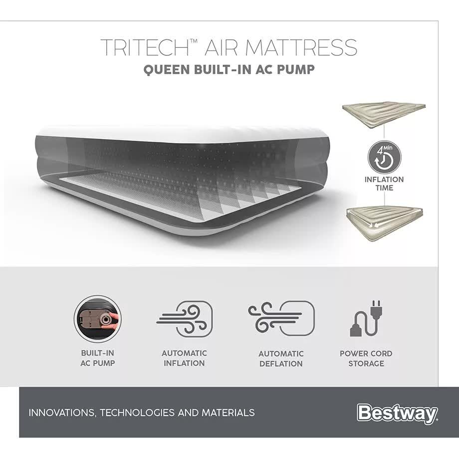 Bestway 2.03m x 1.52m x 46cm Tritech Air Mattress Queen Built-in AC pump Bestway