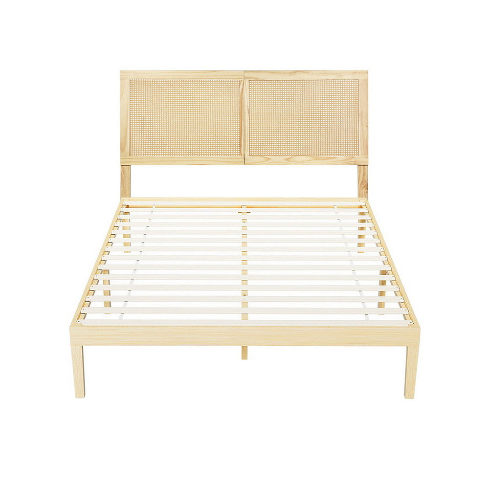 Artiss Bed Frame Double Size with Rattan Headboard Wooden Bed Base BRUNO Awezingly
