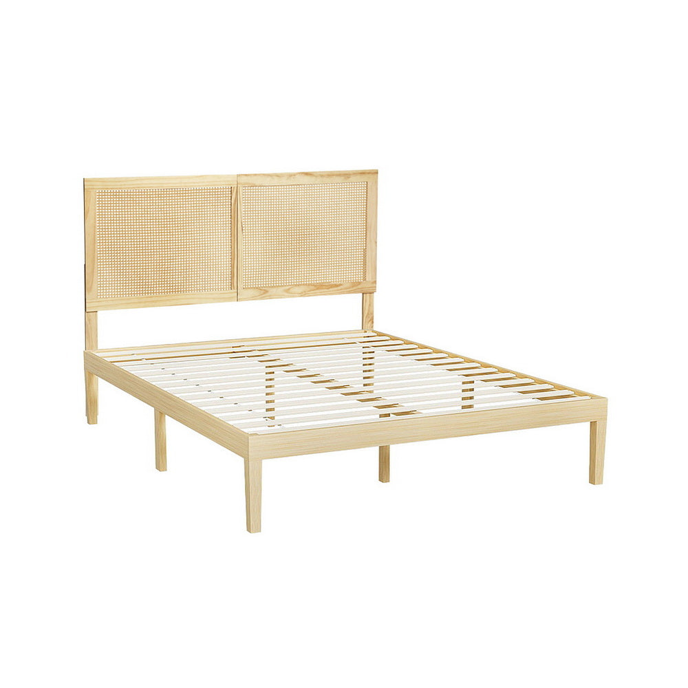 Artiss Bed Frame Double Size with Rattan Headboard Wooden Bed Base BRUNO Awezingly