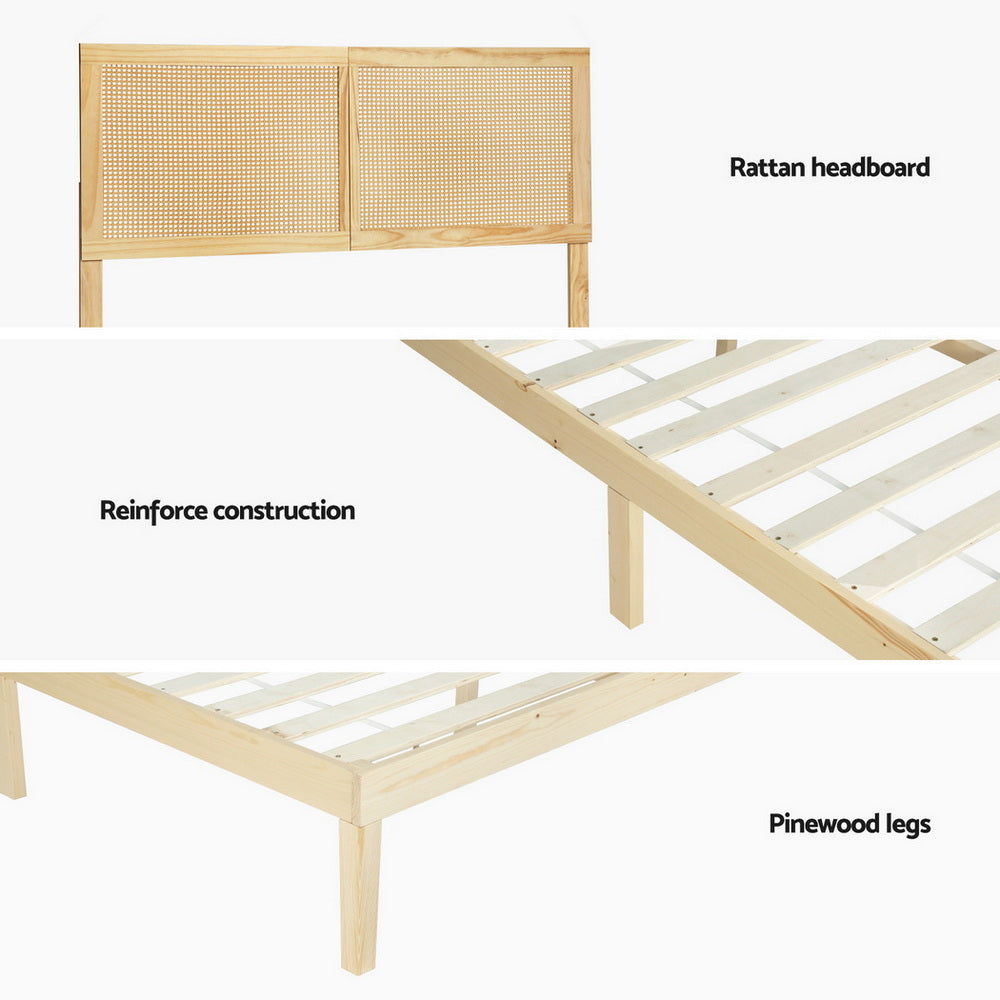 Artiss Bed Frame Double Size with Rattan Headboard Wooden Bed Base BRUNO Awezingly