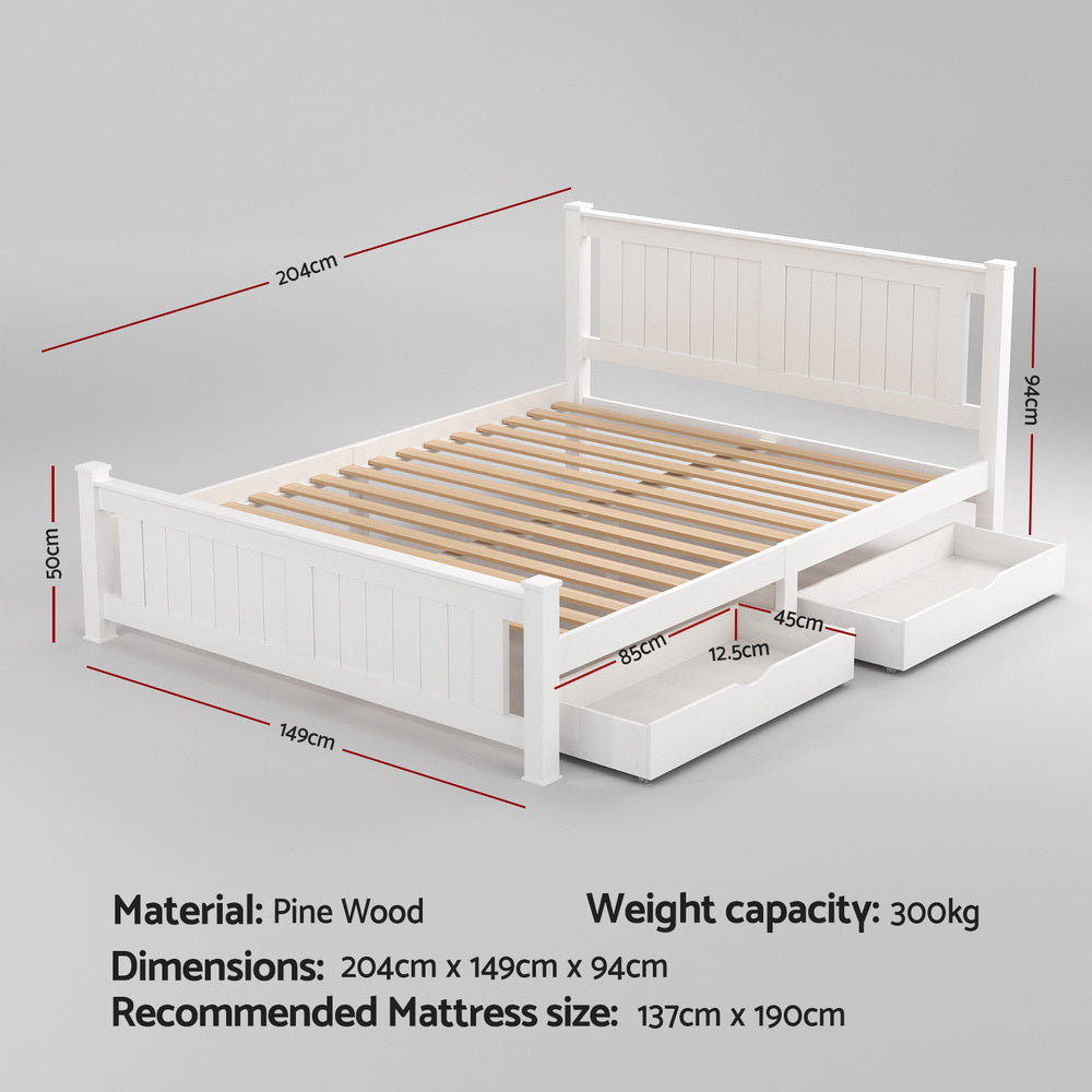 Artiss Bed Frame Double Size Wooden Platform with 2 Storage Drawers White RIO Awezingly