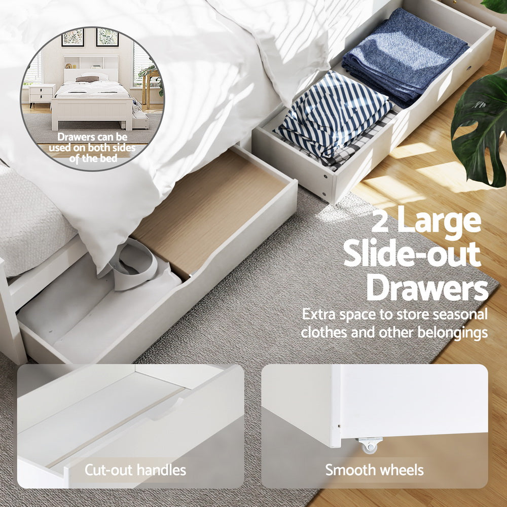 Artiss Bed Frame King Single Size Wooden with 2 Storage Drawers White Artiss