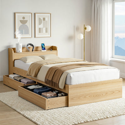 Artiss Single Bed Frame with 2 Storage Drawers Platform Bed Base with USB Ports Sturdy Wooden Slat Support Natural