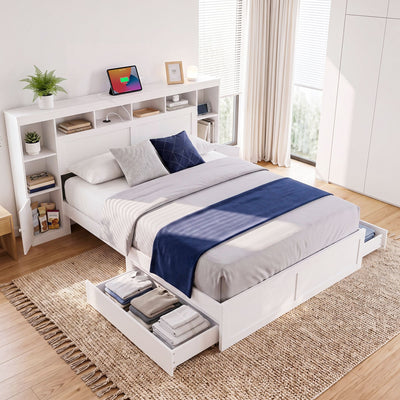 Artiss Queen Bed Frame with Storage Bookcase Headboard, USB & Type-C Ports & Drawers White