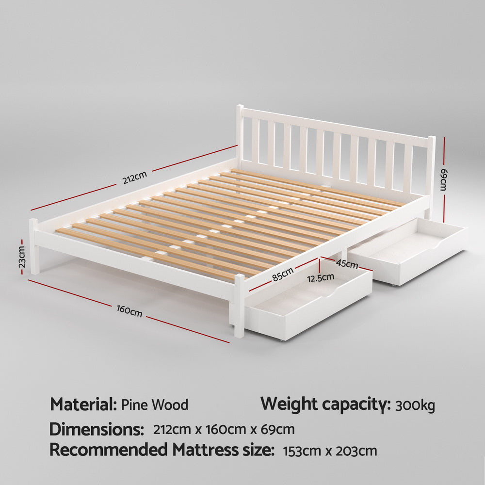 Artiss Bed Frame Queen Size Wooden Platform with 2 Storage Drawers White Awezingly