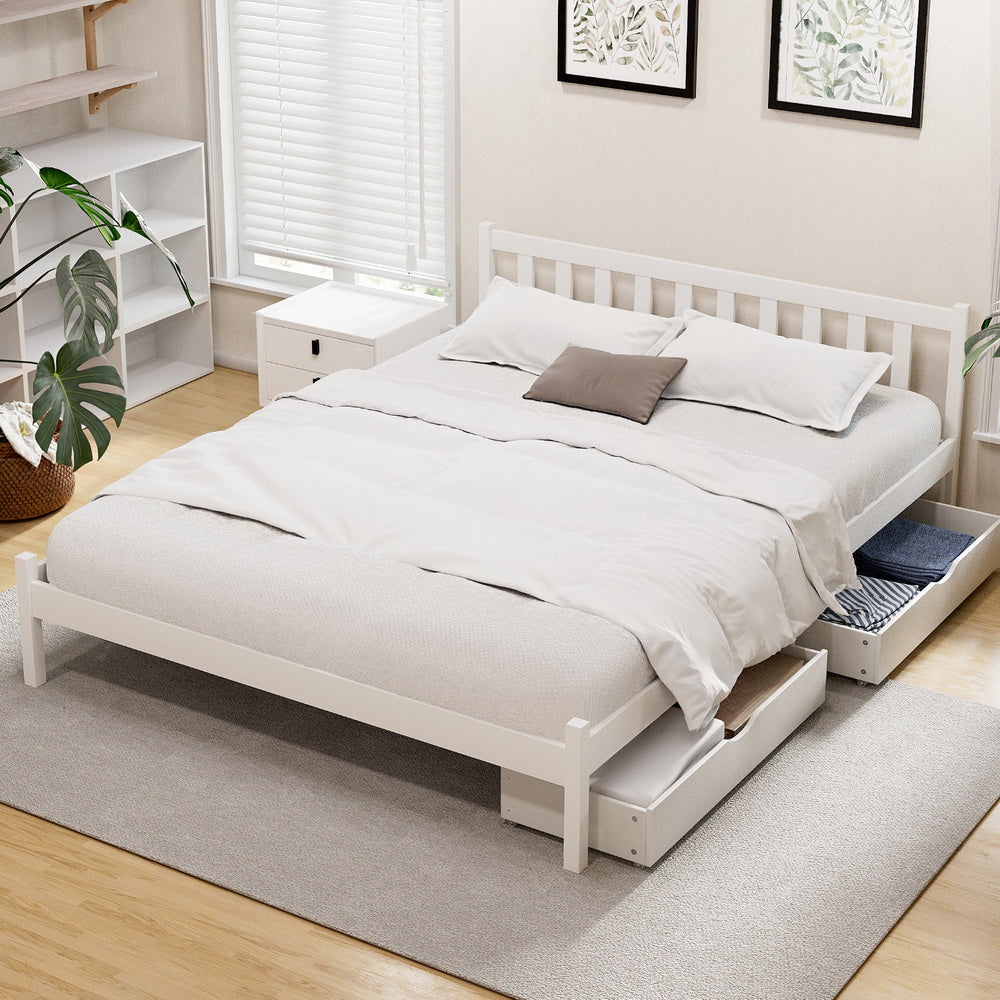 Artiss Bed Frame Queen Size Wooden Platform with 2 Storage Drawers White Awezingly