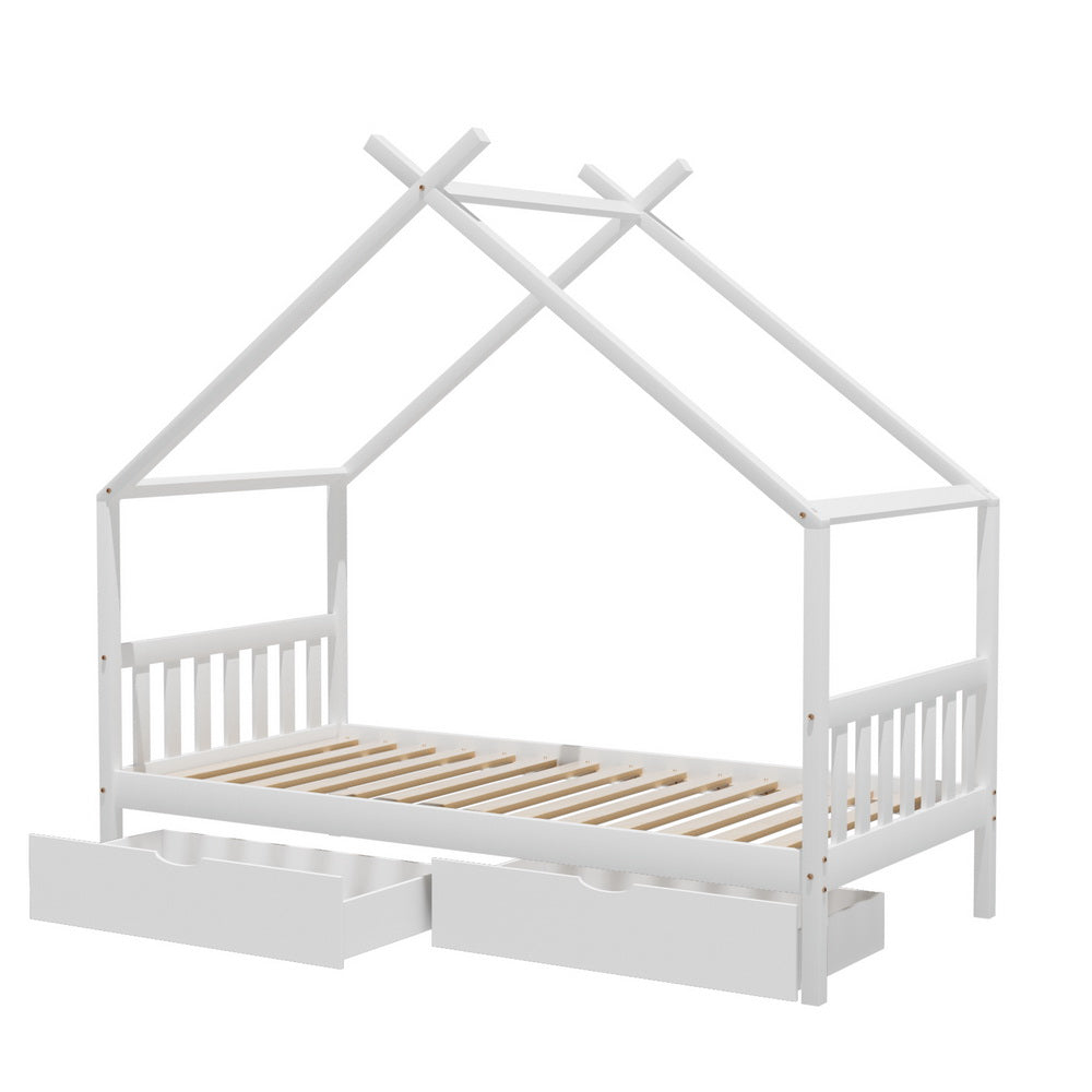 Artiss Bed Frame Wooden Base Kids Single Timber House with 2 Storage Drawers Beds White Awezingly