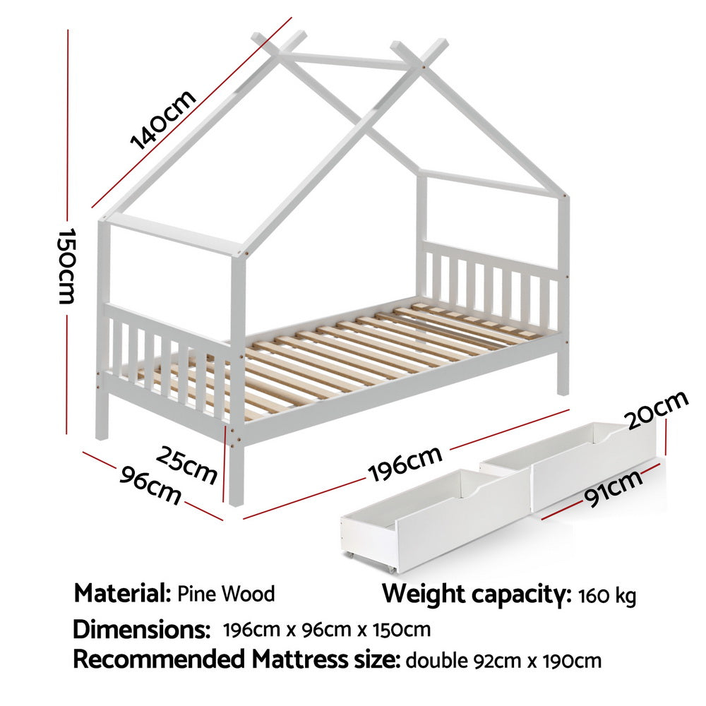 Artiss Bed Frame Wooden Base Kids Single Timber House with 2 Storage Drawers Beds White Awezingly
