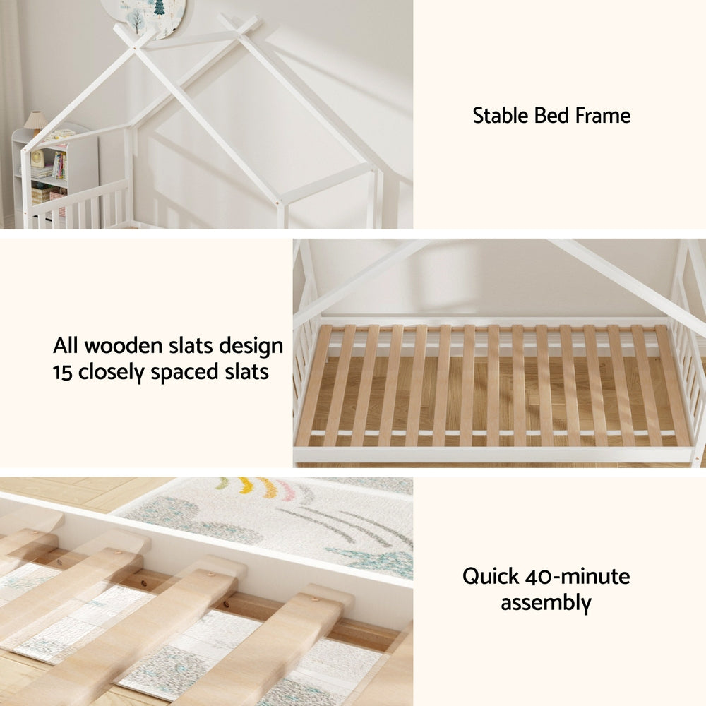 Artiss Bed Frame Wooden Base Kids Single Timber House with 2 Storage Drawers Beds White Awezingly