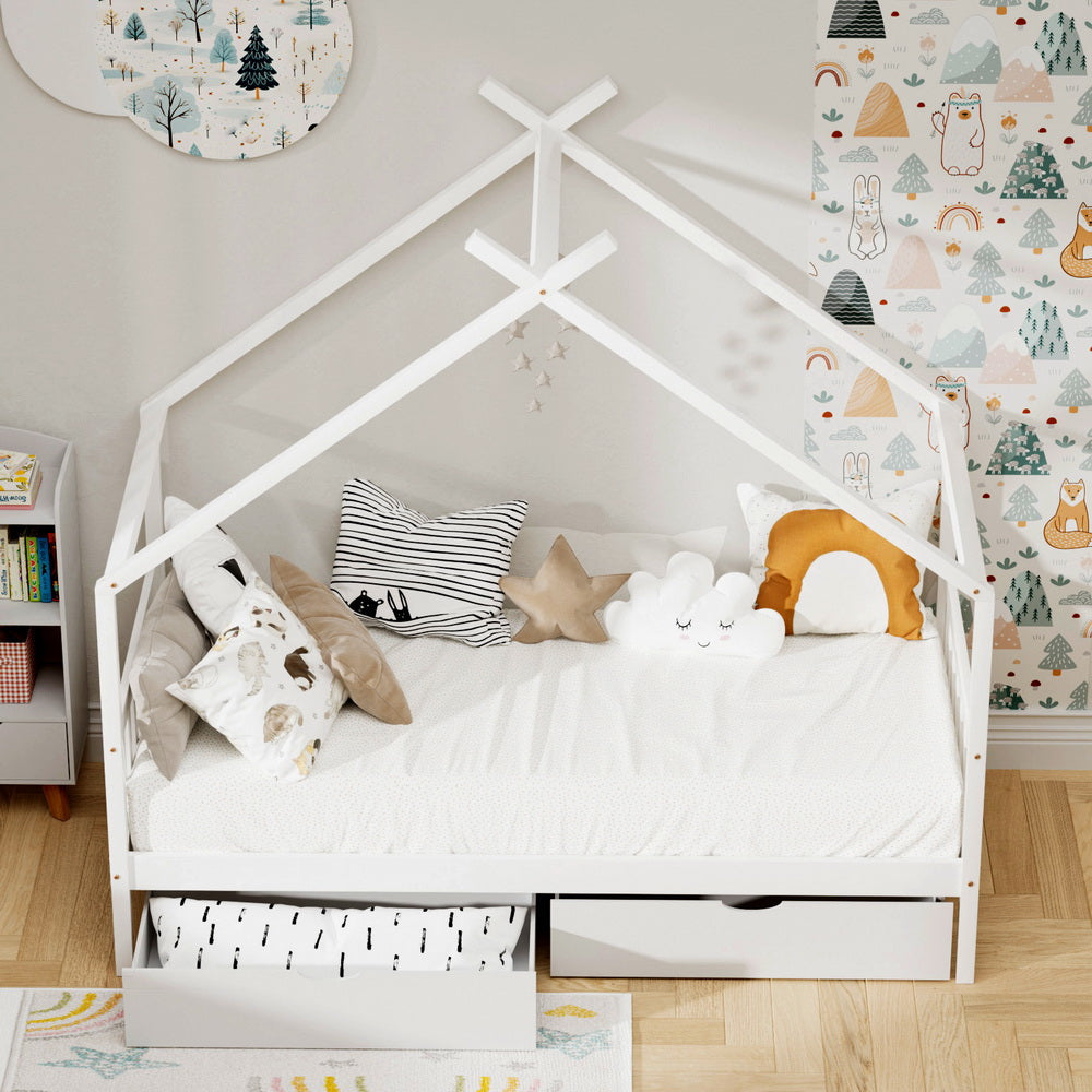 Artiss Bed Frame Wooden Base Kids Single Timber House with 2 Storage Drawers Beds White Awezingly
