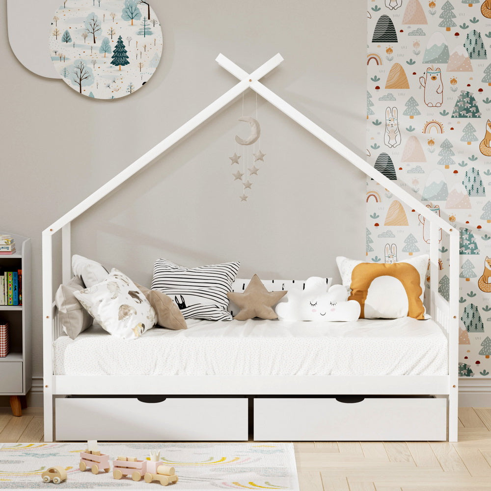 Artiss Bed Frame Wooden Base Kids Single Timber House with 2 Storage Drawers Beds White Awezingly