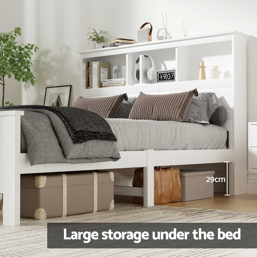 Artiss Bed Frame Double Size Wooden with 3 Shelves Bed Head White Awezingly