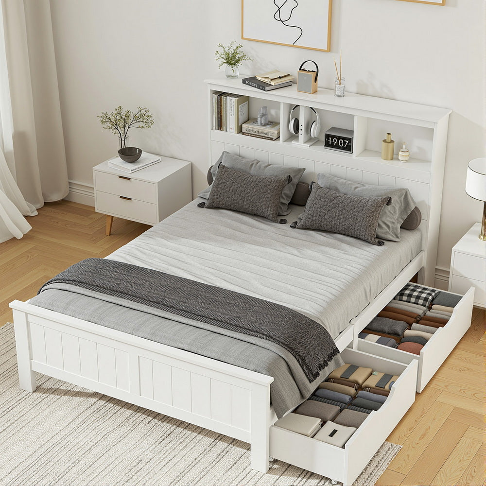 Artiss Bed Frame Double Size Wooden with 3 Shelves Bed Head White Awezingly