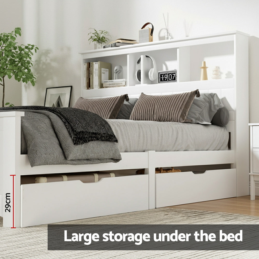Artiss Bed Frame Double Size Wooden with 3 Shelves Bed Head White Awezingly