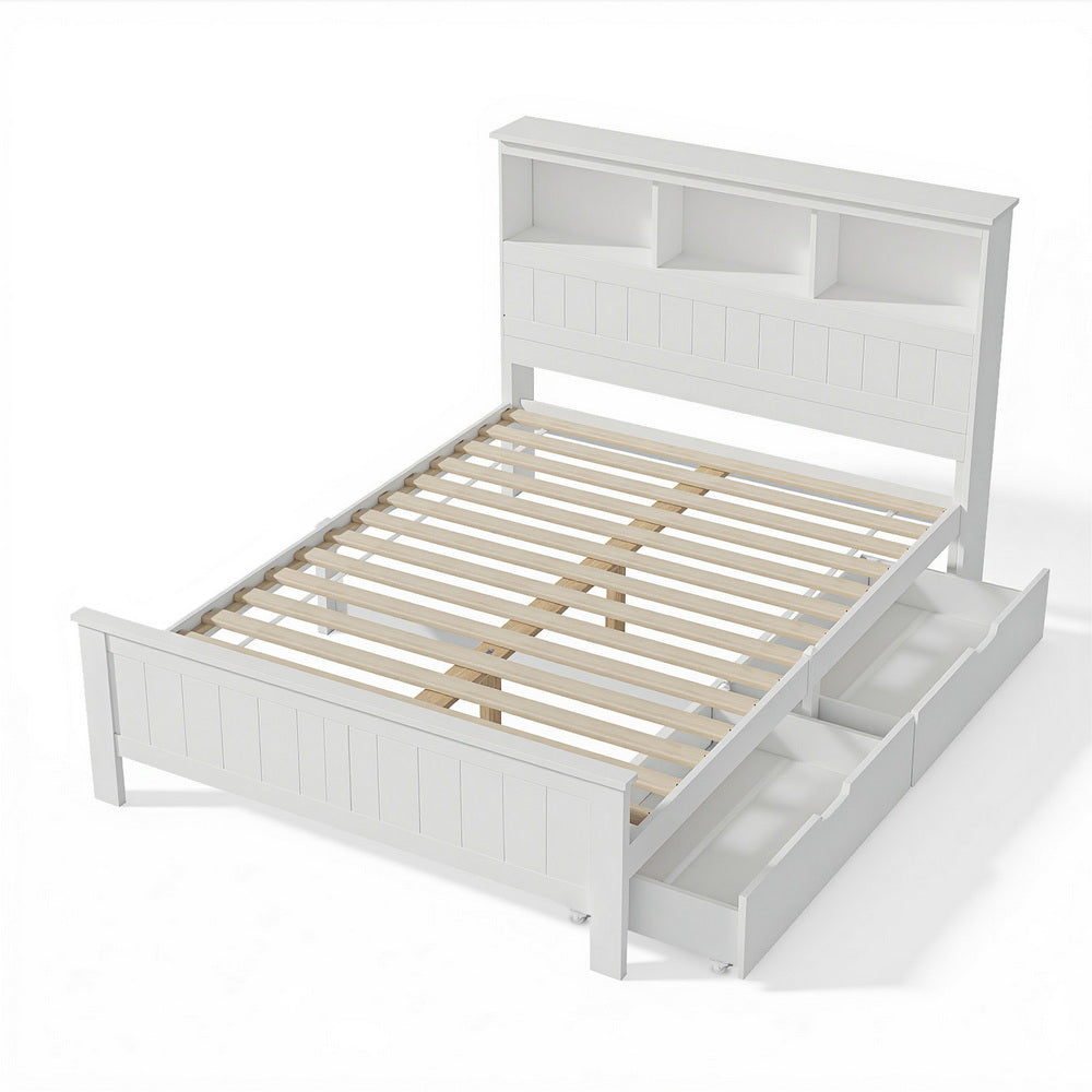 Artiss Bed Frame Double Size Wooden with 3 Shelves Bed Head White Awezingly