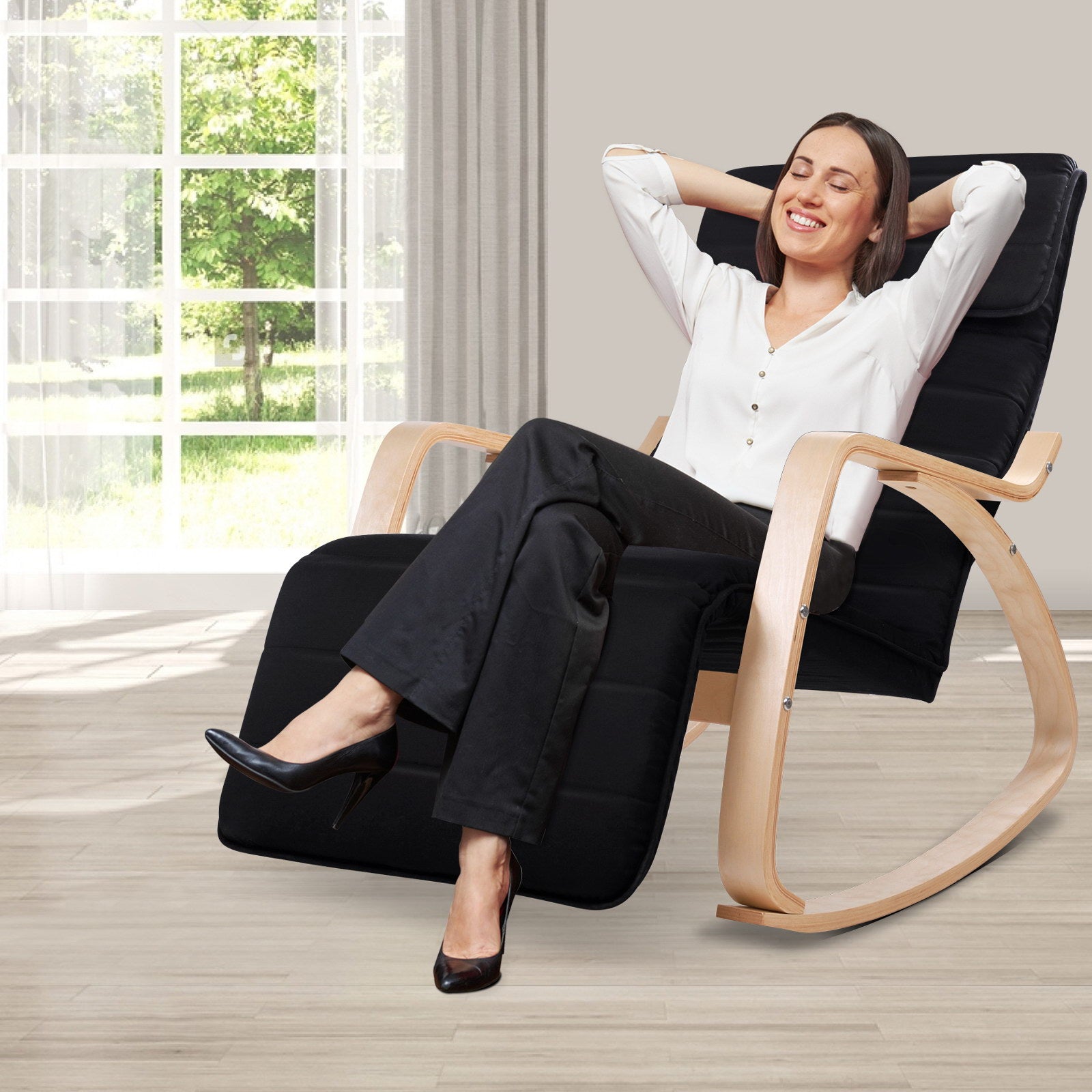 Artiss Fabric Rocking Armchair with Adjustable Footrest - Black freeshipping - Awezingly