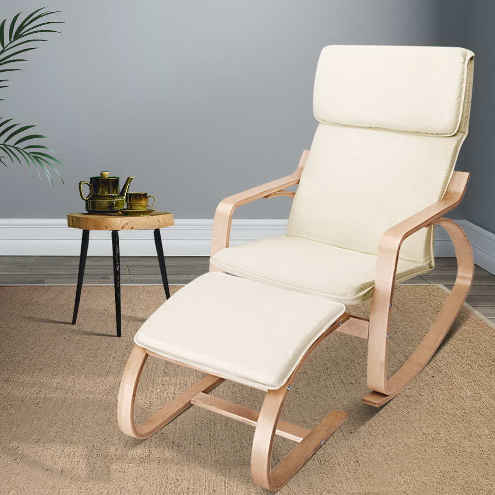 Artiss Wooden Armchair with Foot Stool - Beige freeshipping - Awezingly