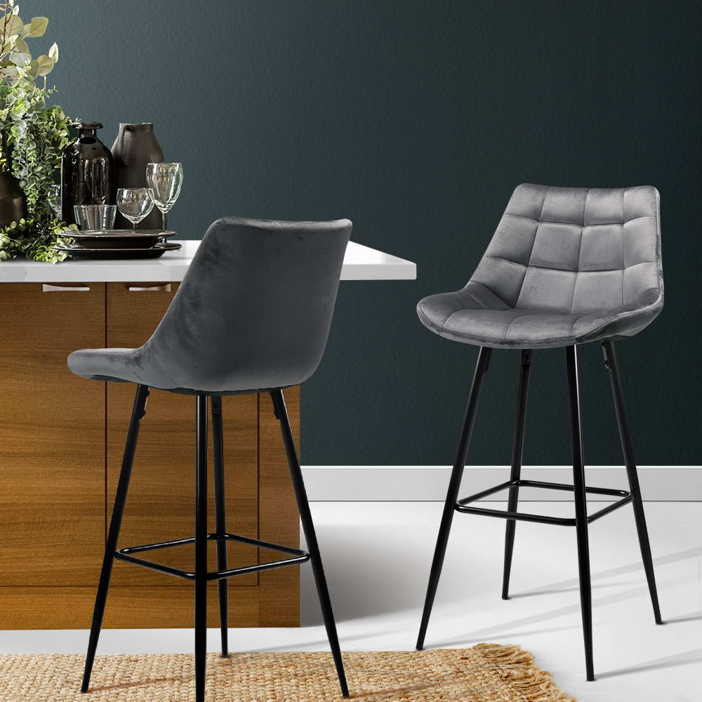 2 x Artiss Kitchen Bar Stools Velvet Bar Stool Counter Chairs Metal Barstools Grey freeshipping - Awezingly