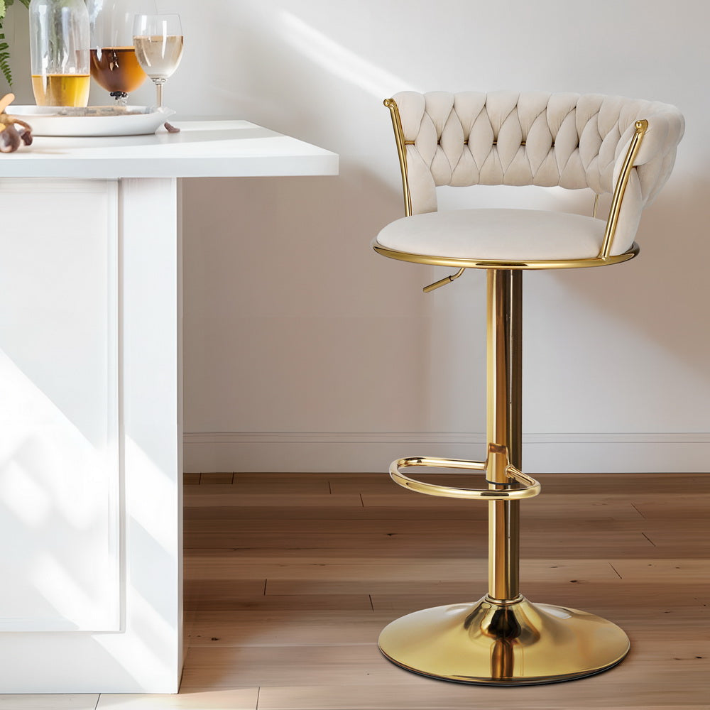 Artiss Bar Stools Gas Lift Velvet Woven Backrest Ivory Artiss