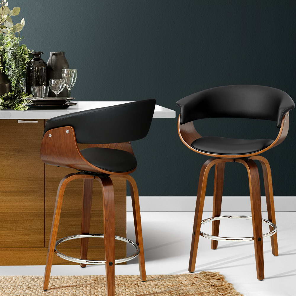 Artiss 1x Swivel Bar Stools Wooden Bar Stool Kitchen Leather Black freeshipping - Awezingly