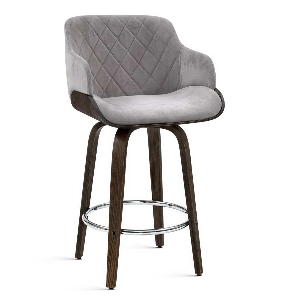 Artiss 1x Kitchen Bar Stools Wooden Swivel Velvet Fabric Grey freeshipping - Awezingly