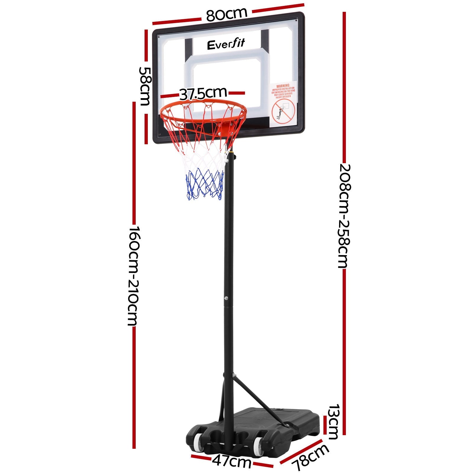 Everfit Adjustable Portable Basketball Stand Hoop System Rim 1.60m to 2.1m Everfit