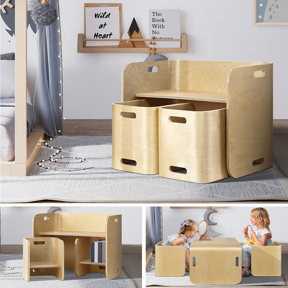 Keezi 3PC Kids Table and Chairs Set Toys Play Desk Children Shelf Storage Beige Keezi