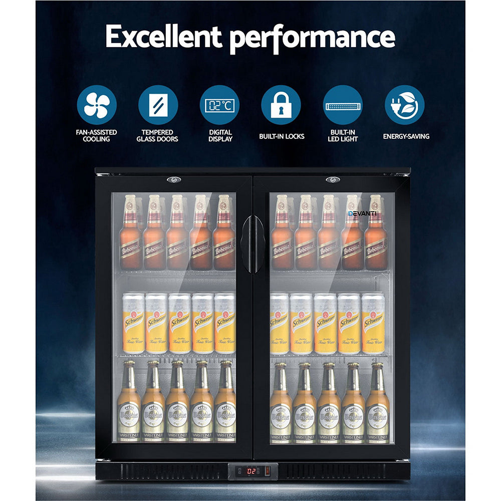 Devanti Bar Fridge 2 Glass Door Commercial Display Freeer Drink Beverage Cooler Black freeshipping - Awezingly