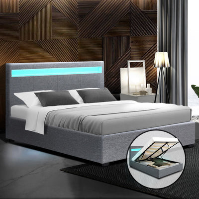 Artiss Bed Frame Double Size Gas Lift RGB LED Bedbase Grey Cole