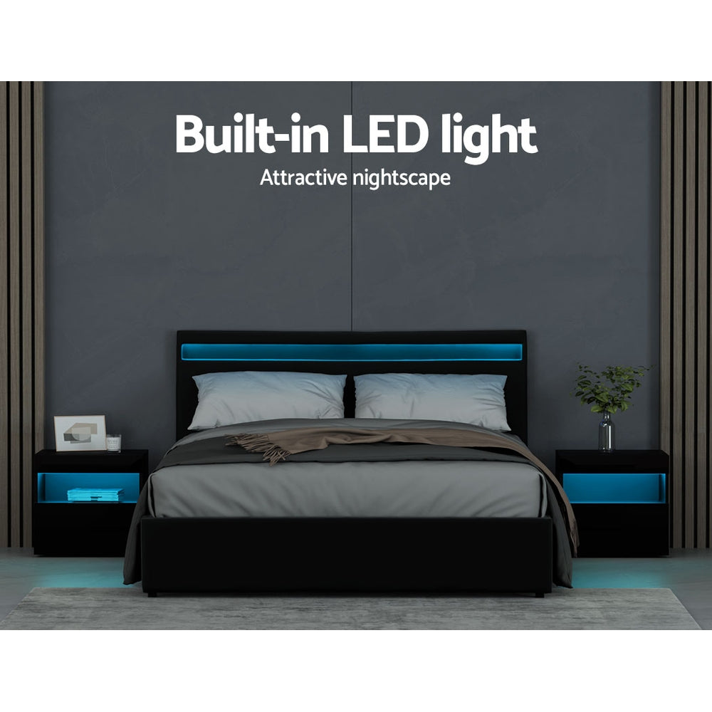 Artiss LED Bed Frame Queen Size Gas Lift Base With Storage Black Leather Artiss