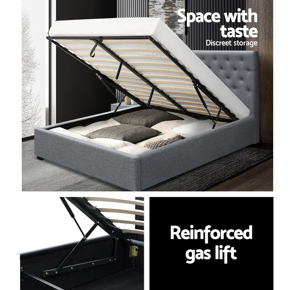 Artiss Queen Size Gas Lift Bed Frame Base With Storage Mattress Grey Fabric VILA Artiss