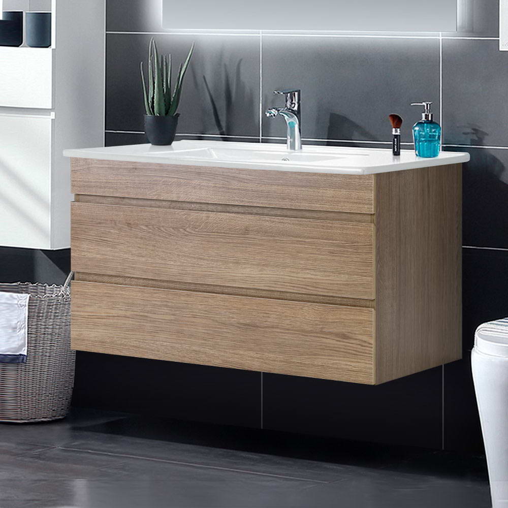 Cefito 900mm Bathroom Vanity Cabinet Wash Basin Unit Sink Storage Wall Mounted Oak White freeshipping - Awezingly