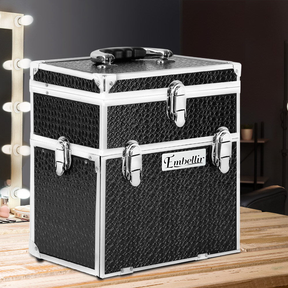 Embellir Portable Cosmetic Beauty Makeup Carry Case with Mirror - Crocodile Black freeshipping - Awezingly