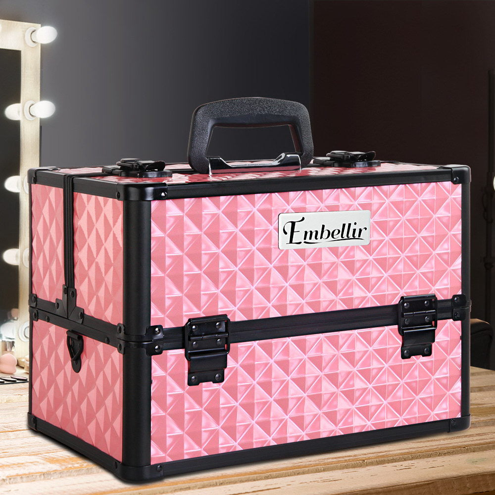 Embellir Portable Cosmetic Beauty Makeup Case with Mirror - Diamond Pink freeshipping - Awezingly