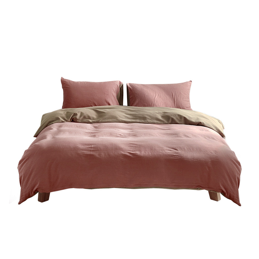 Cosy Club Washed Cotton Quilt Set Pink Brown Double Cosy