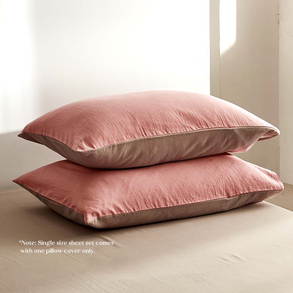 Cosy Club Washed Cotton Quilt Set Pink Brown Single Cosy