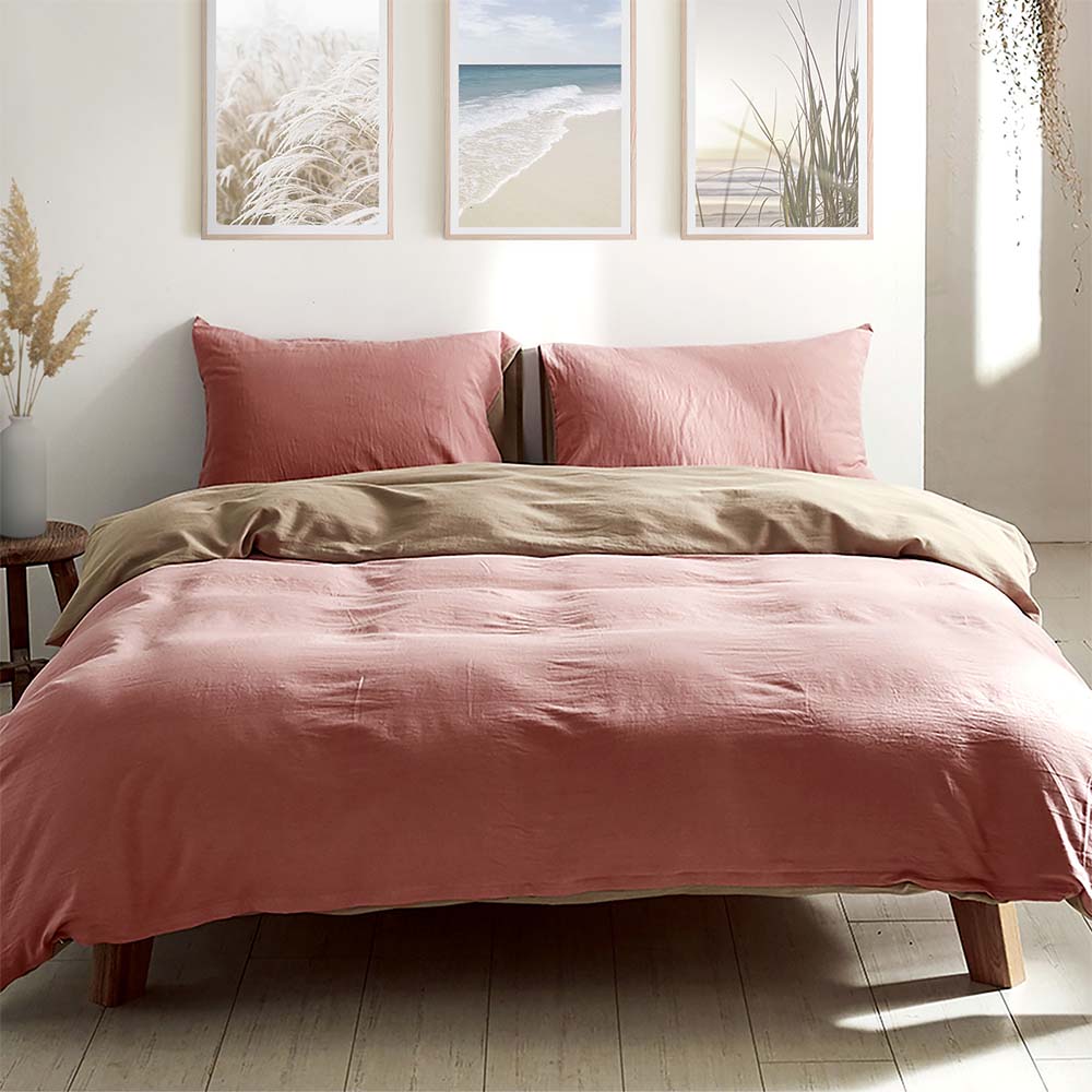 Cosy Club Washed Cotton Quilt Set Pink Brown Single Cosy