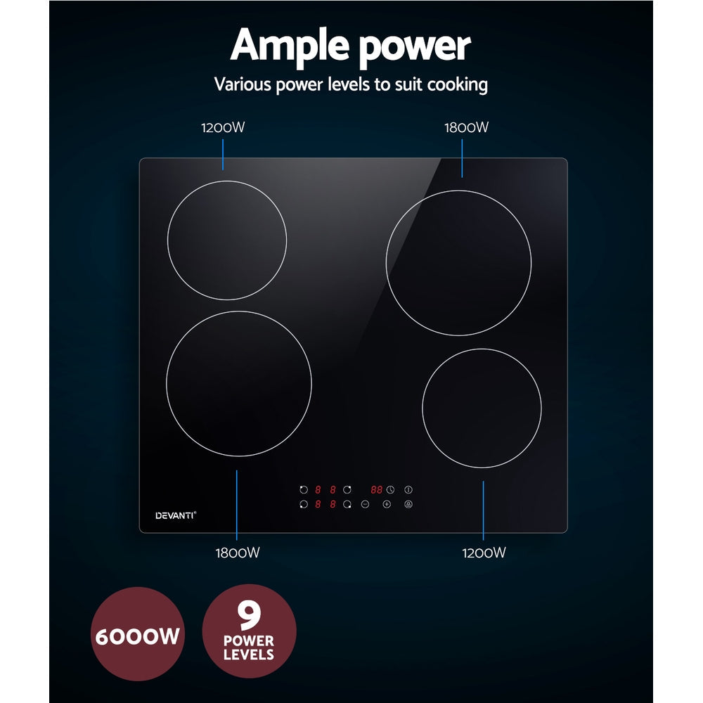 Devanti Ceramic Cooktop 60cm Electric Cooker 4 Burner Stove Hob Touch Control Devanti