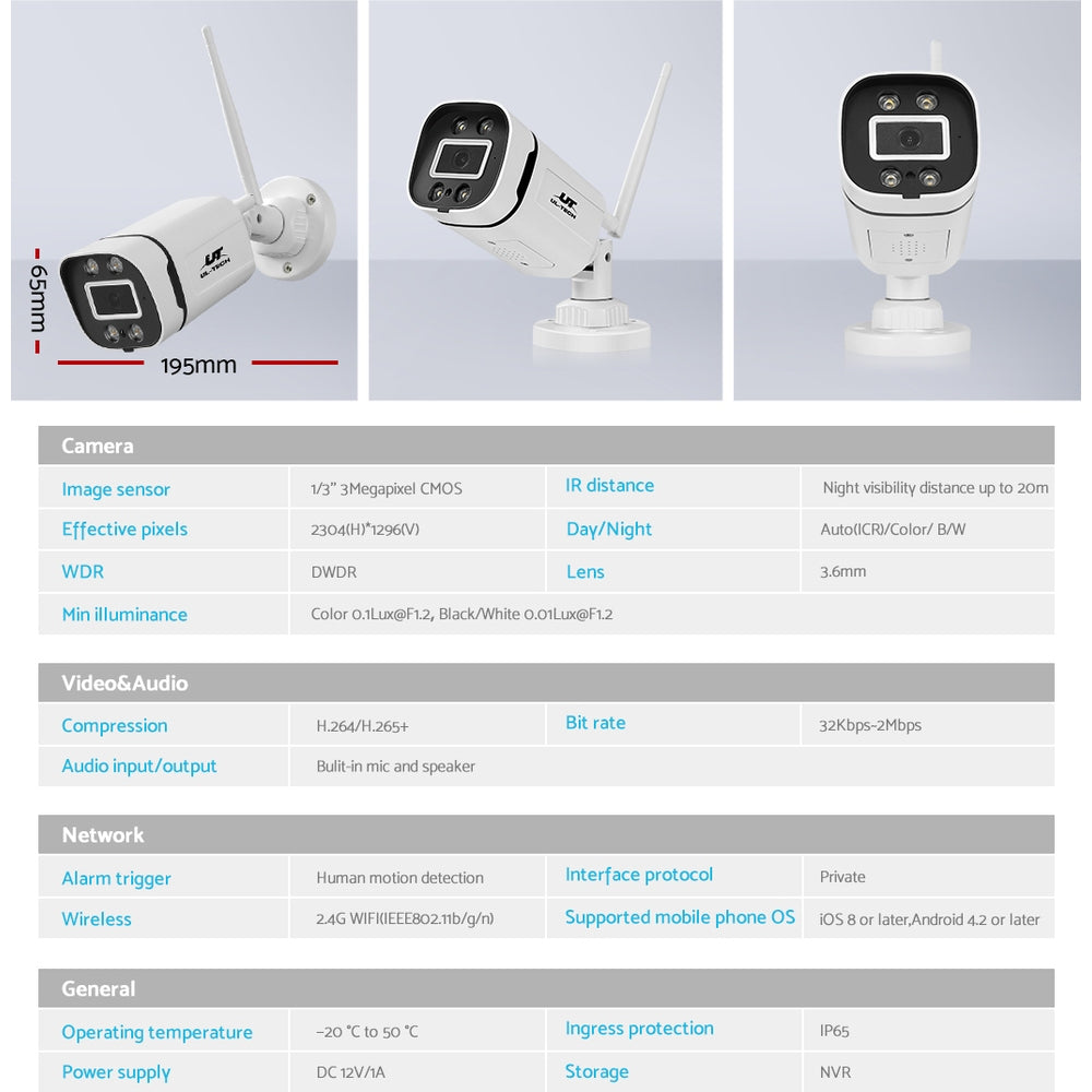 UL-tech 3MP Wireless CCTV Security Camera System WiFi Outdoor Home 2 Cameras Set UL-TECH