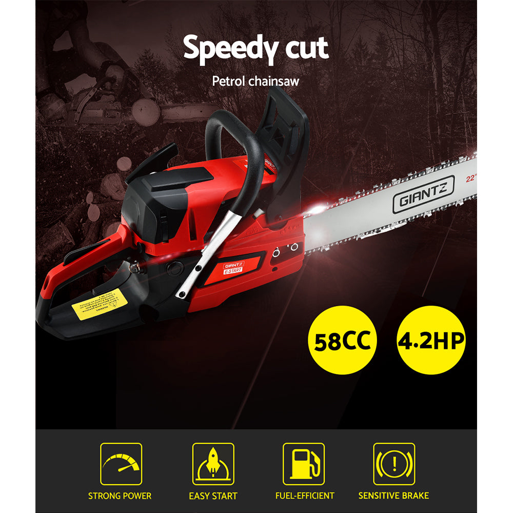 Giantz Chainsaw 58cc Petrol Commercial Pruning Chain Saw E-Start 22'' Bar Top Giantz