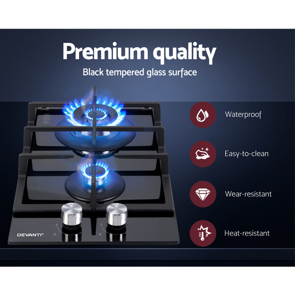 Devanti Gas Cooktop 30cm Gas Stove Cooker 2 Burner Cook Top Konbs NG LPG Black Devanti