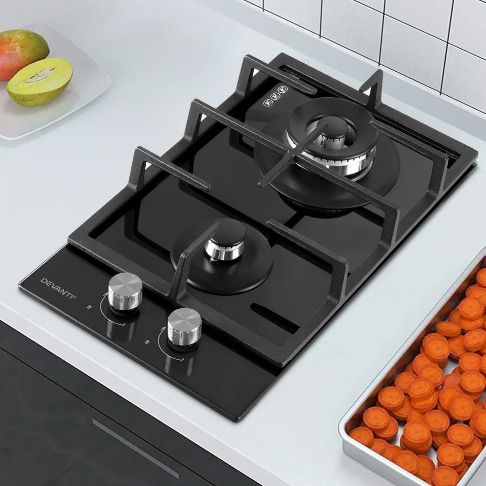 Devanti Gas Cooktop 30cm Gas Stove Cooker 2 Burner Cook Top Konbs NG LPG Black Devanti