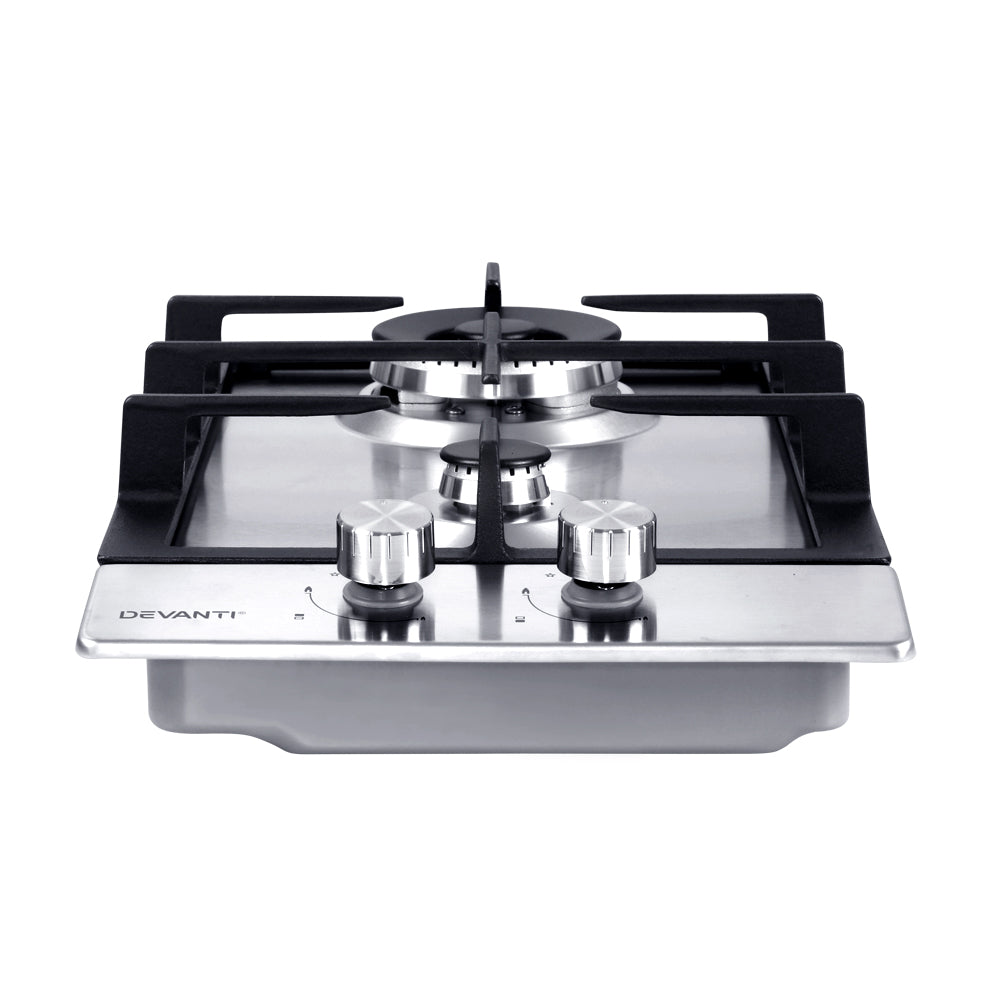 Devanti Gas Cooktop 30cm Gas Stove Cooker 2 Burner Cook Top Konbs NG LPG Steel Devanti