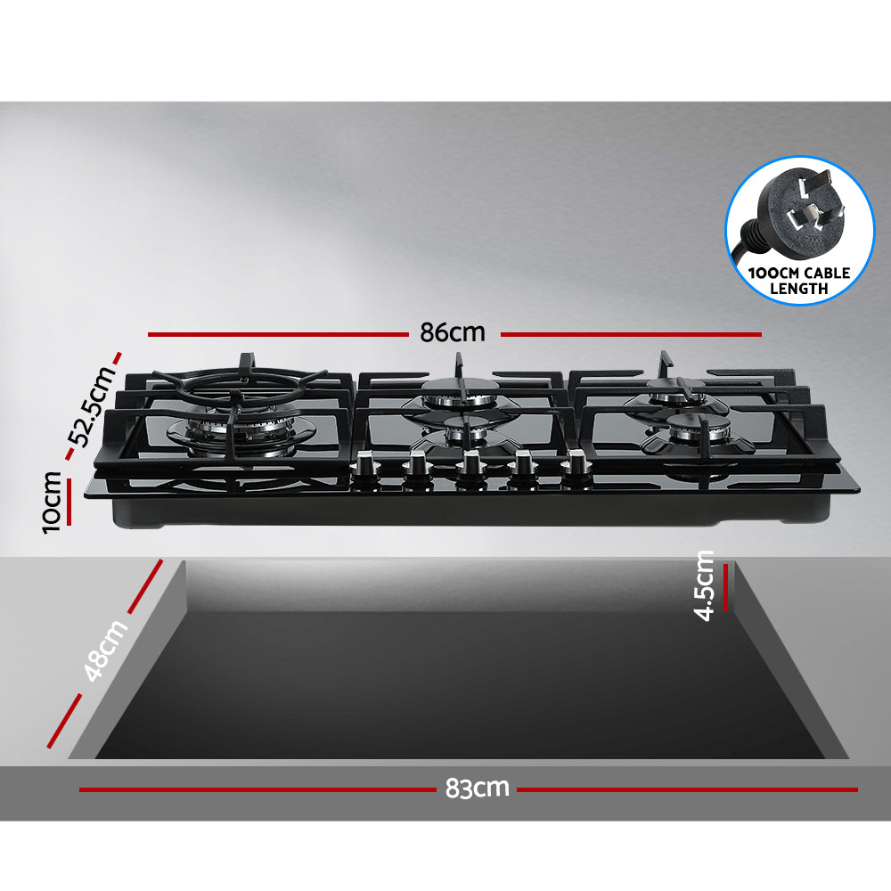 Devanti Gas Cooktop 90cm 5 Burner Stove Hob Cooker Kitchen NG LPG Black Glass Devanti