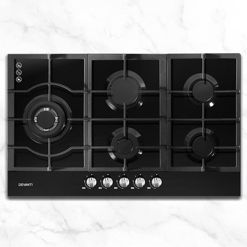 Devanti Gas Cooktop 90cm 5 Burner Stove Hob Cooker Kitchen NG LPG Black Glass Devanti