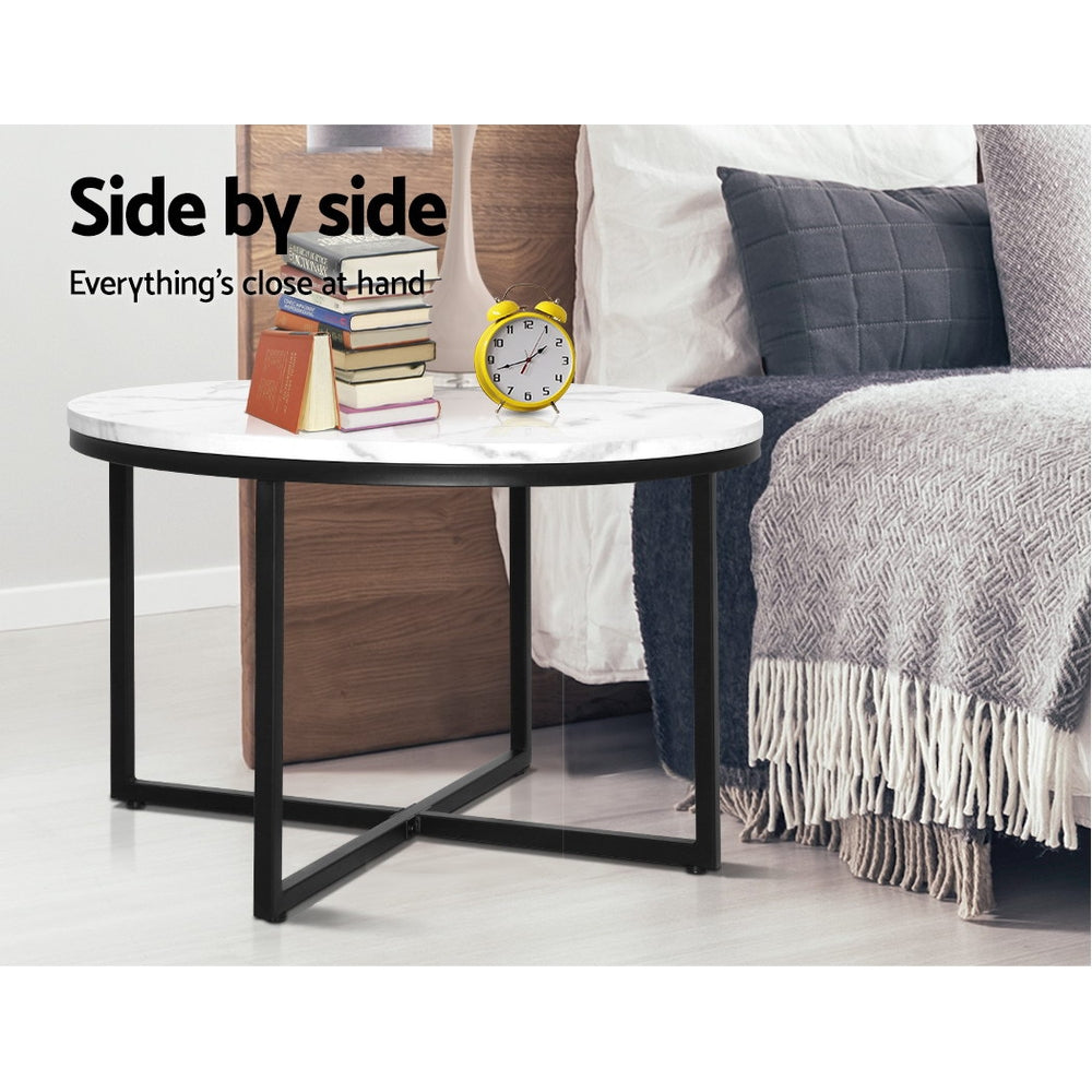 Artiss Coffee Table Marble Effect Round Black Metal 70X70CM freeshipping - Awezingly
