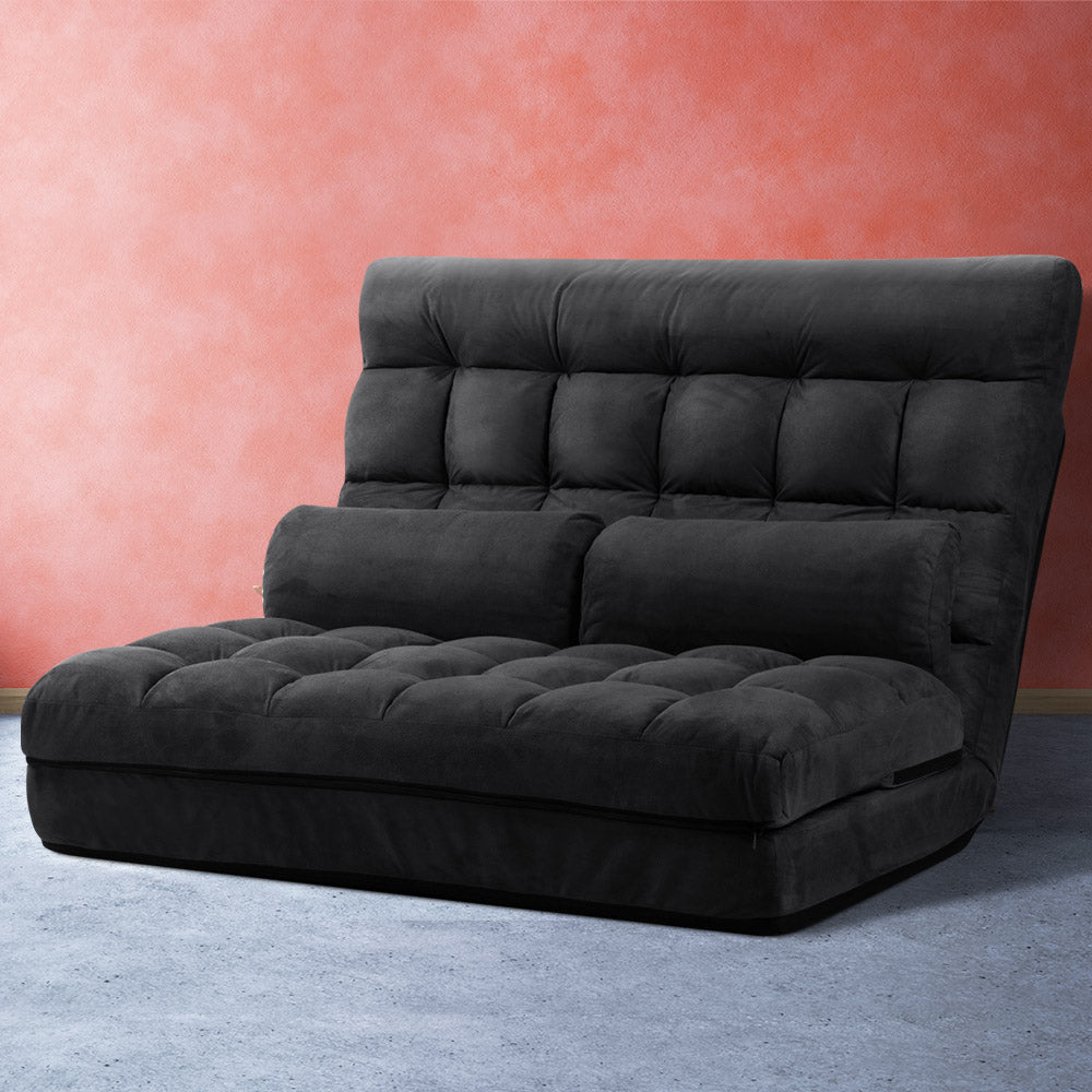 Artiss Lounge Sofa Bed 2-seater Floor Folding Suede Charcoal freeshipping - Awezingly