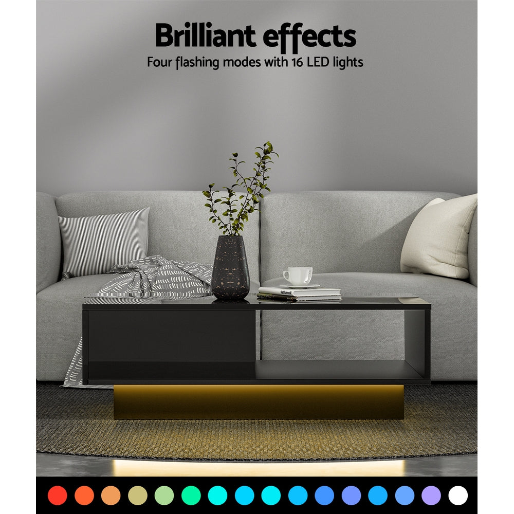 Artiss Coffee Table LED Lights High Gloss Storage Drawer Modern Furniture Black Artiss