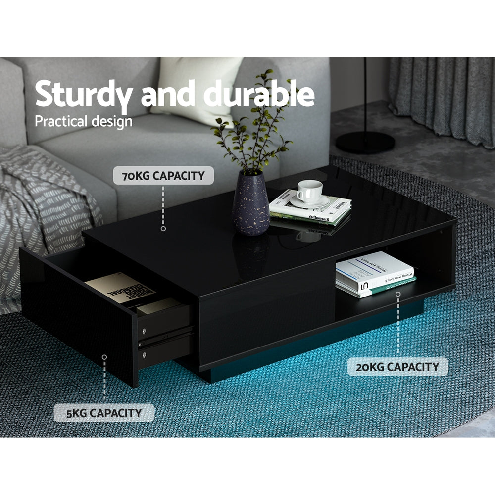Artiss Coffee Table LED Lights High Gloss Storage Drawer Modern Furniture Black Artiss