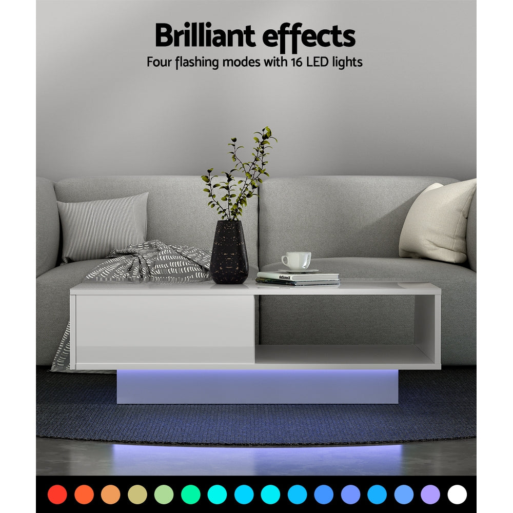 Artiss Coffee Table LED Lights High Gloss Storage Drawer Modern Furniture White Artiss